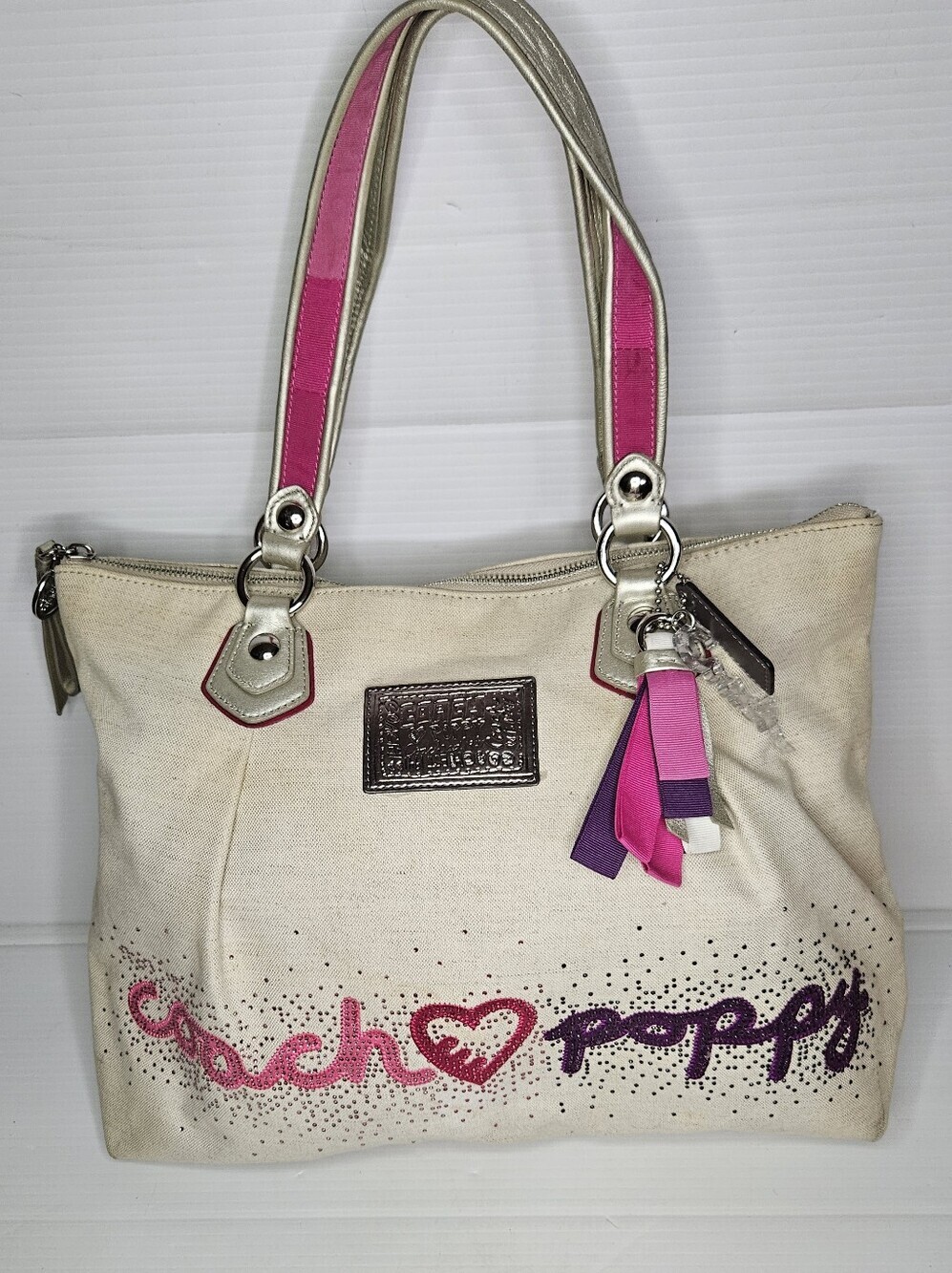 Coach Poppy Collection Large Heart Logo Rhinestone Tote Cream Canvas Rare Y2K